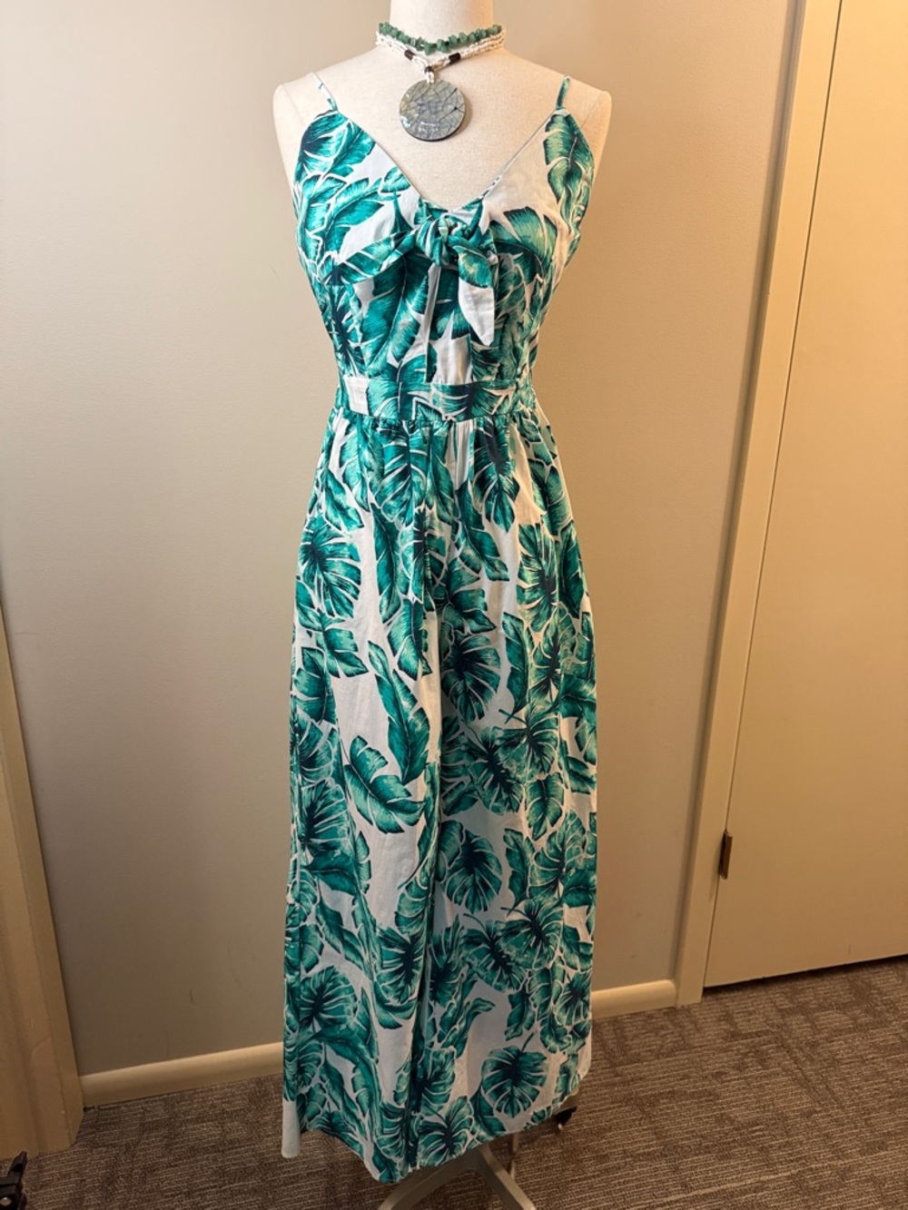 Purple Snow Green Leaf Maxi Jumpsuit with Front Tie